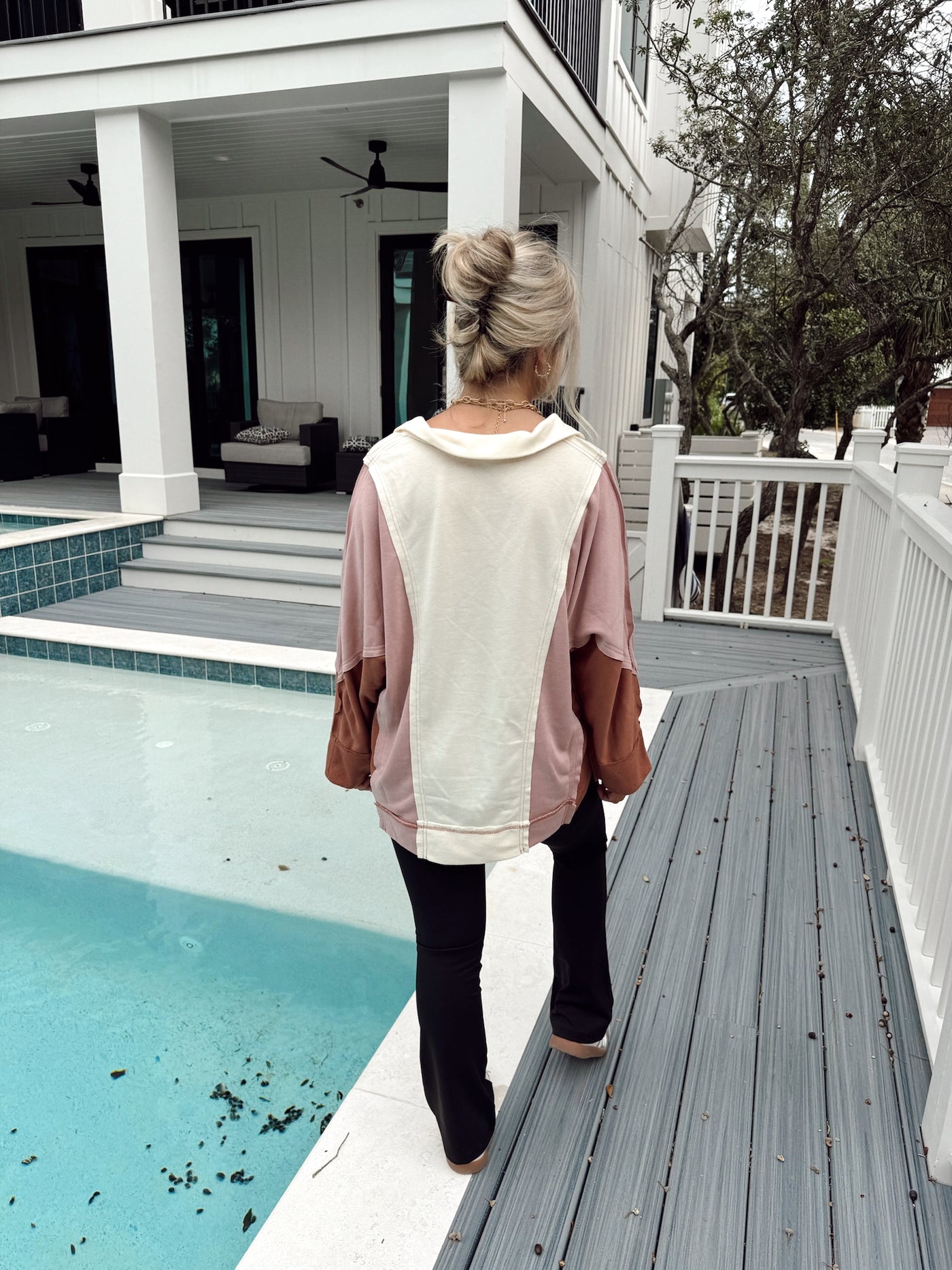 Mauve Combo Notch Neck Long Sleeve Top