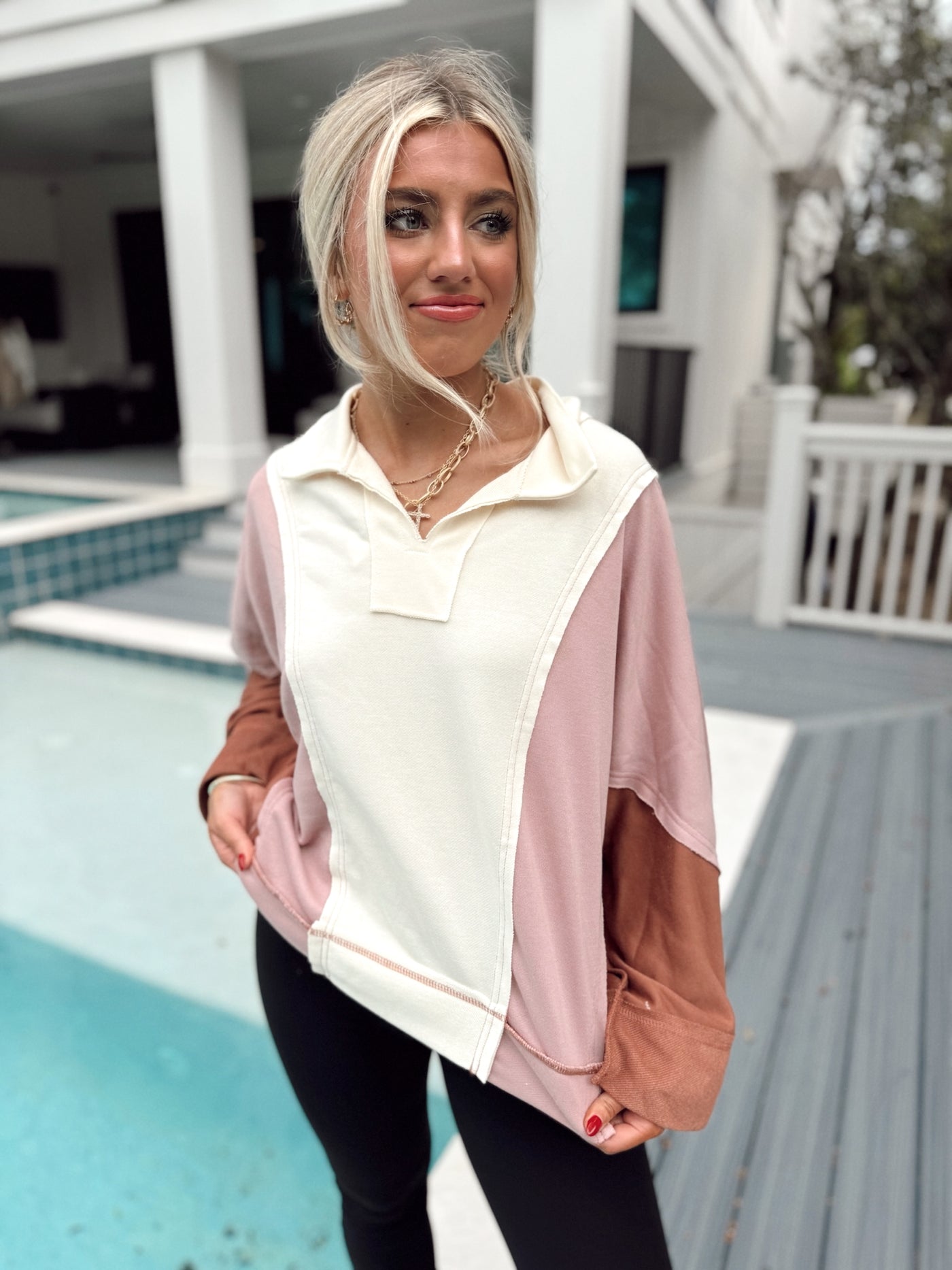 Mauve Combo Notch Neck Long Sleeve Top