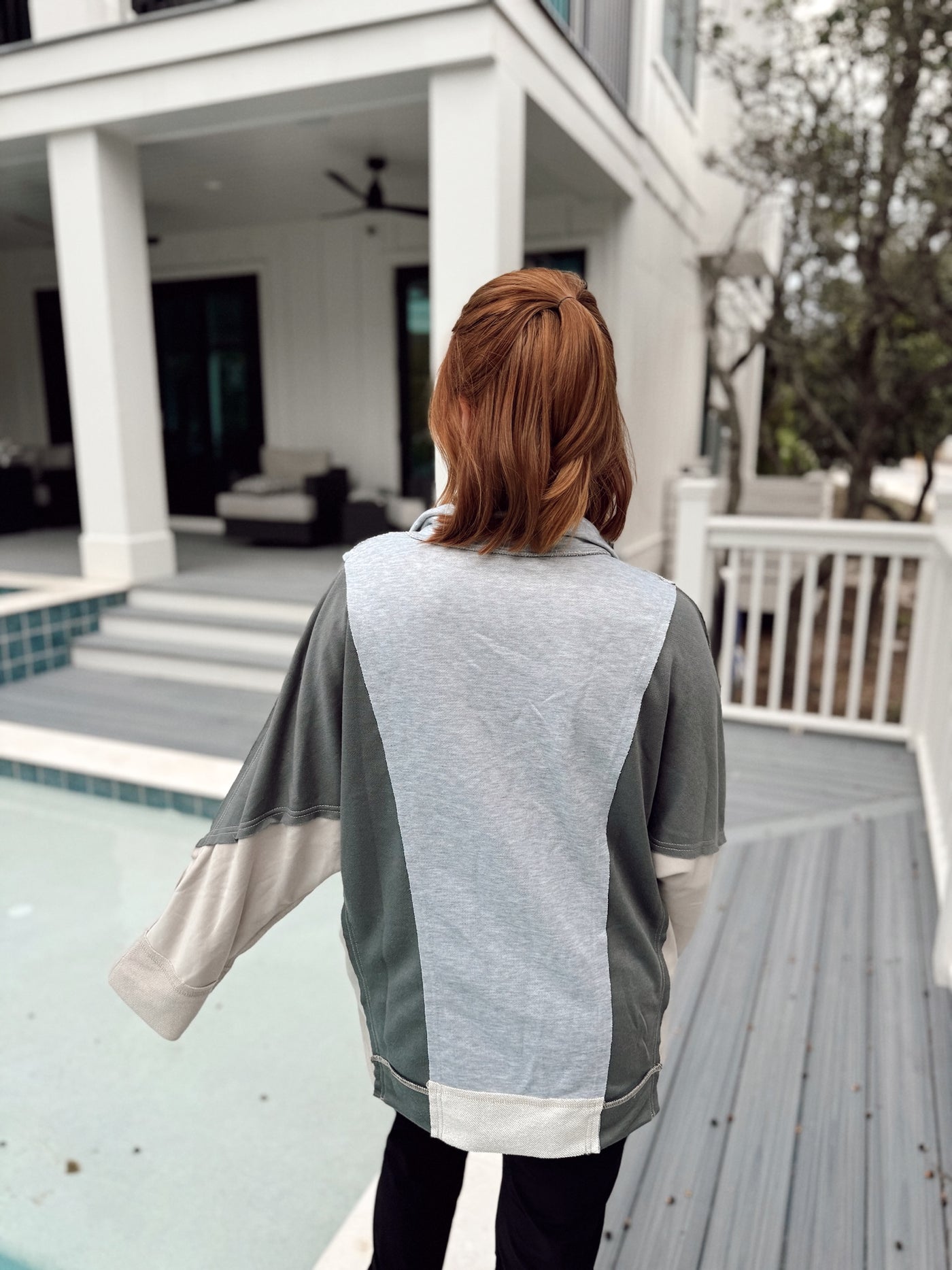 Heather Grey Combo Notch Neck Long Sleeve Top