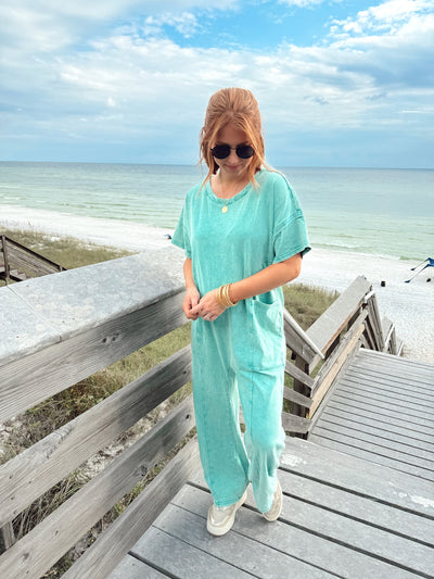 Dark Aqua Mineral Washed Oversized Jumpsuit