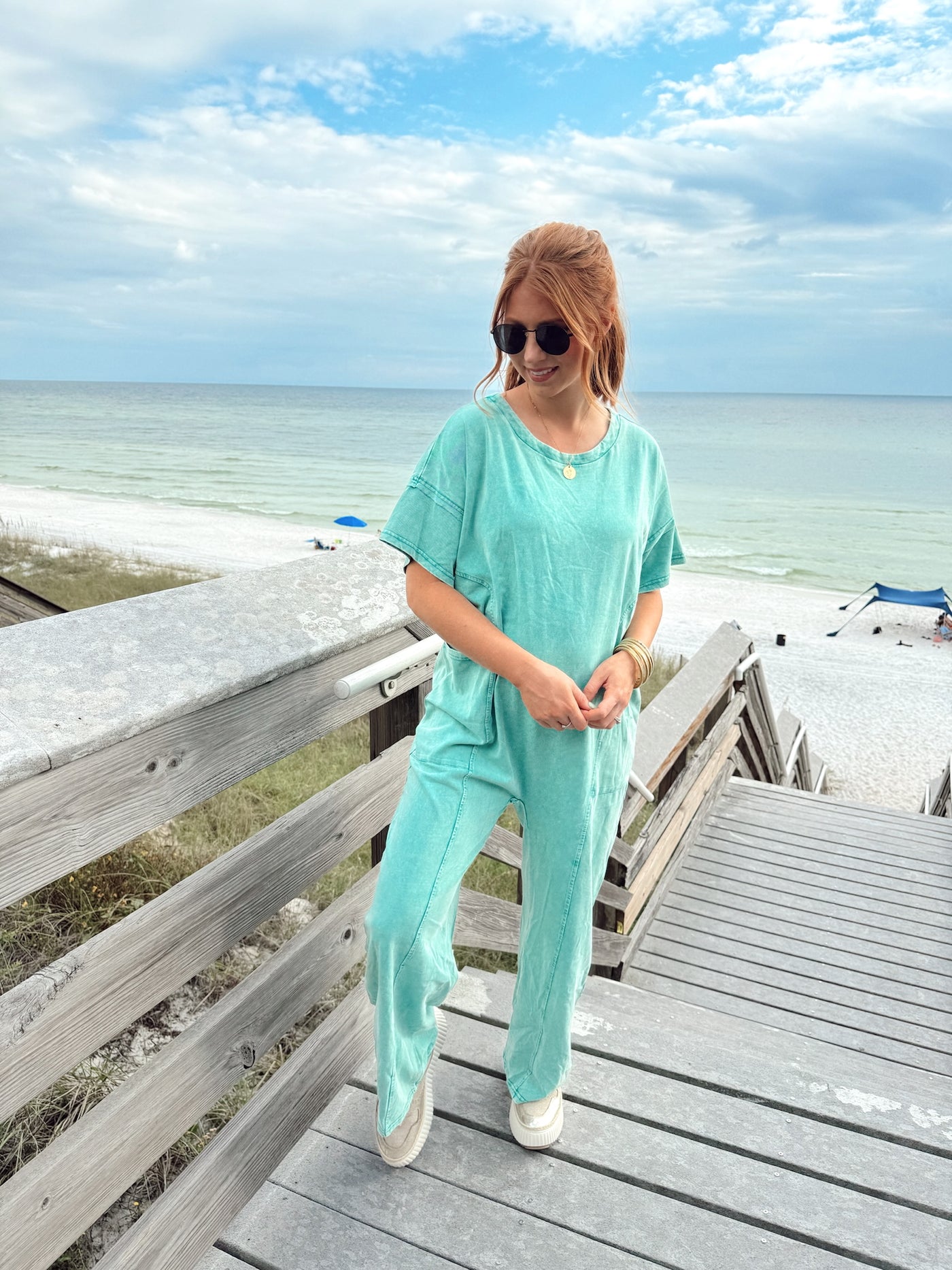 Dark Aqua Mineral Washed Oversized Jumpsuit