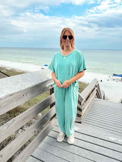 Dark Aqua Mineral Washed Oversized Jumpsuit