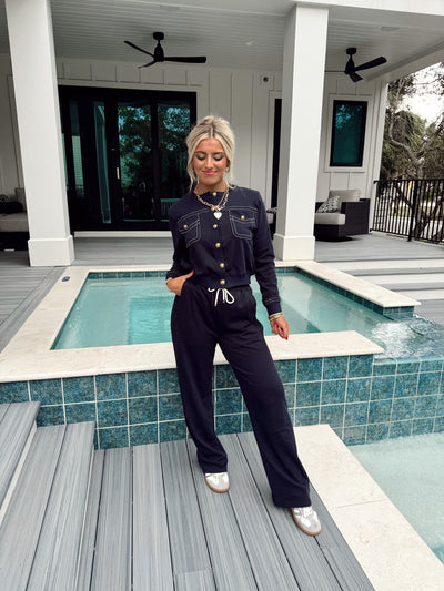 Navy Button Up Comfy Long Sleeve Top and Pant Set