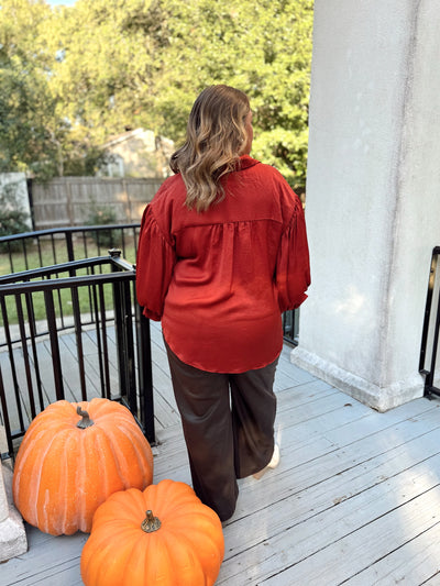 Rust Balloon Sleeve Button Down Collared Blouse