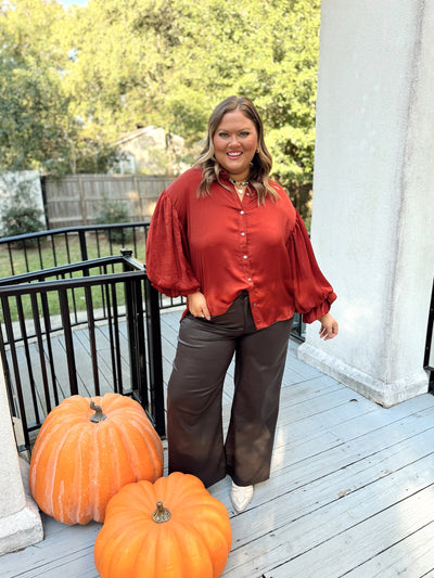 Rust Balloon Sleeve Button Down Collared Blouse