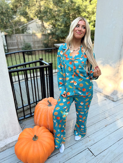 Teal Multi Thanksgiving Dinner Pajama Set