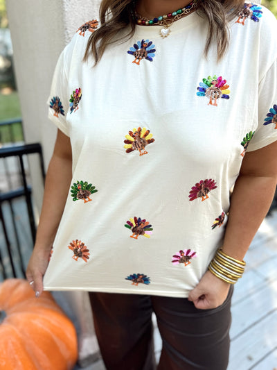 Queen of Sparkles Beige Multi Scattered Turkey Tee