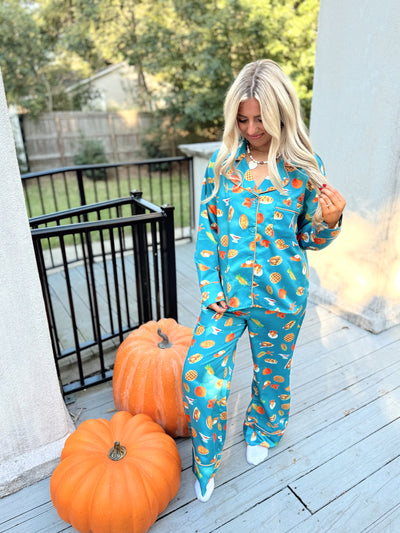 Teal Multi Thanksgiving Dinner Pajama Set