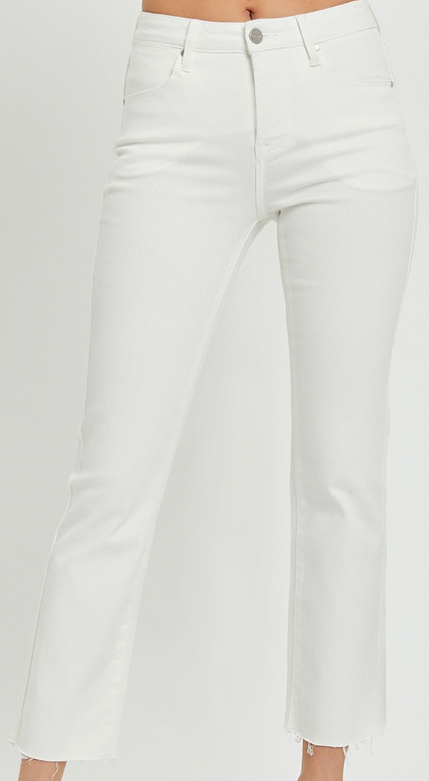 Risen White Mid Rise Tummy Control Raw Hem Straight Jean