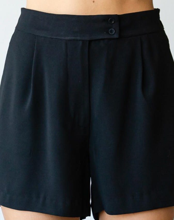 Black Pleated Button Detail Flowy Shorts