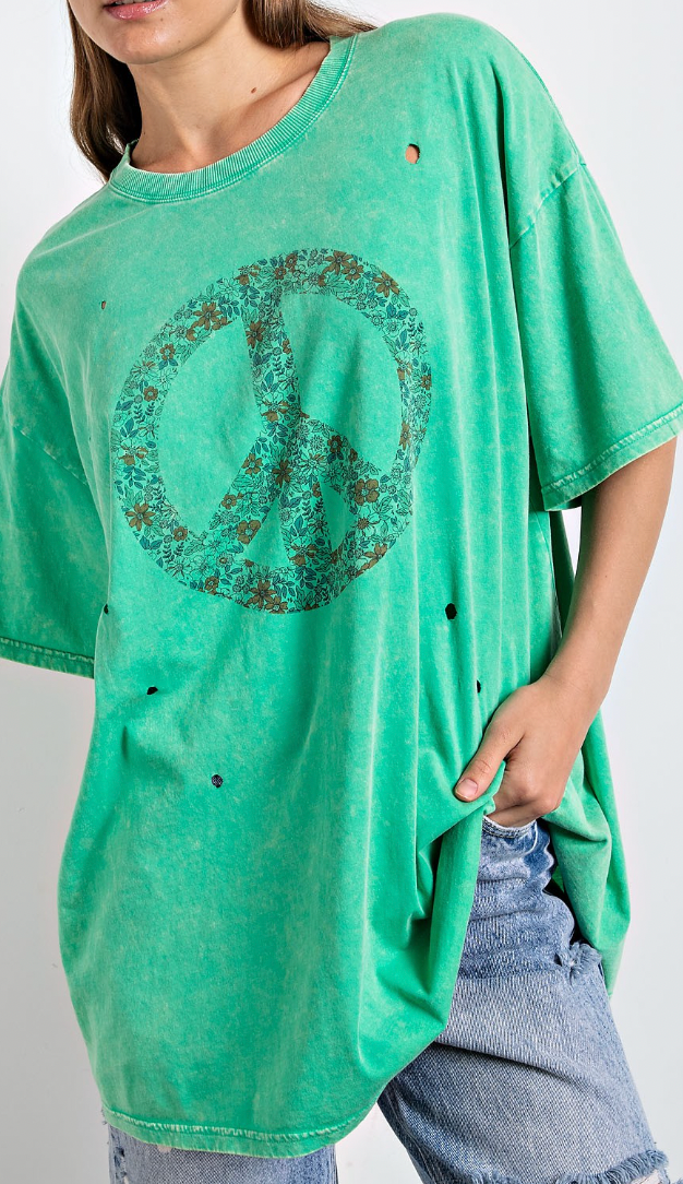 Oversized Distressed Peace Tee in Evergreen