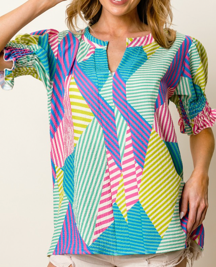 Pink and Blue Mix Retro Colorblock Puff Sleeve Blouse