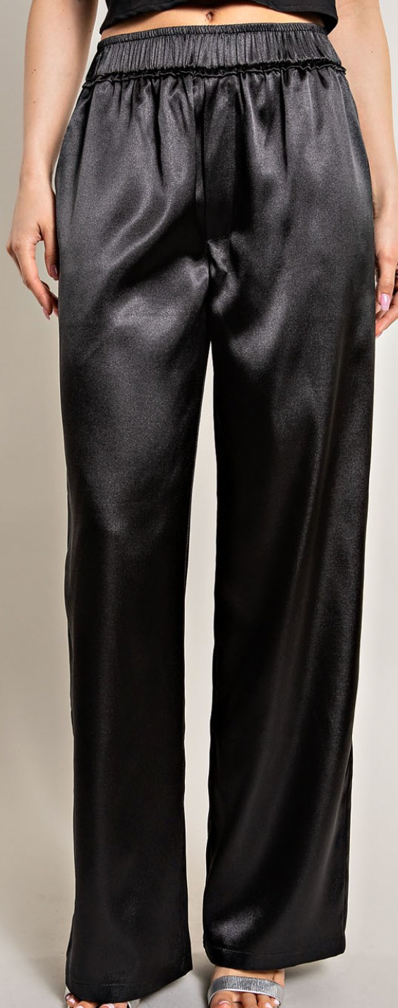 Black Satin Mid Rise Stretch Waist Dress Pants