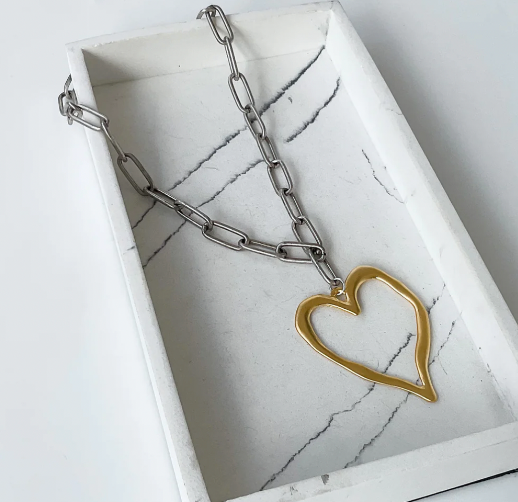 Virtue Jewelry Large Silver Paperclip Chain Gold Heart Necklace