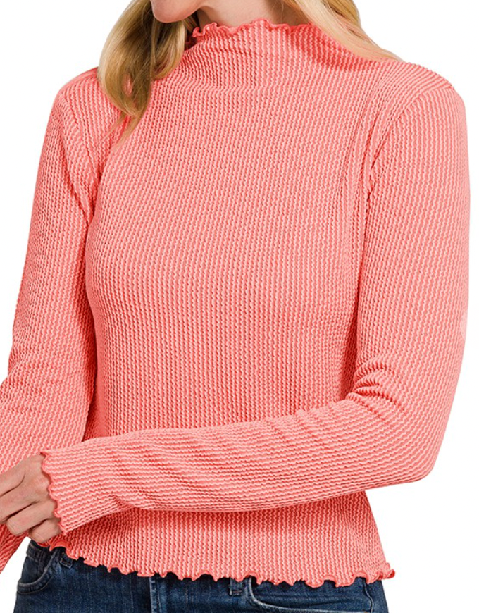 Ribbed Ultra Soft Lettuce Edge Mock Neck Top