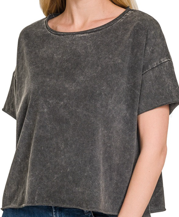 Acid Wash Scoop Neck Raw Edge Tee