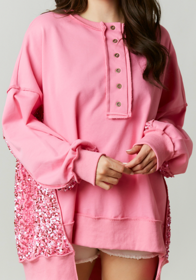 Pink Sequin Colorblock Henley Sweatshirt
