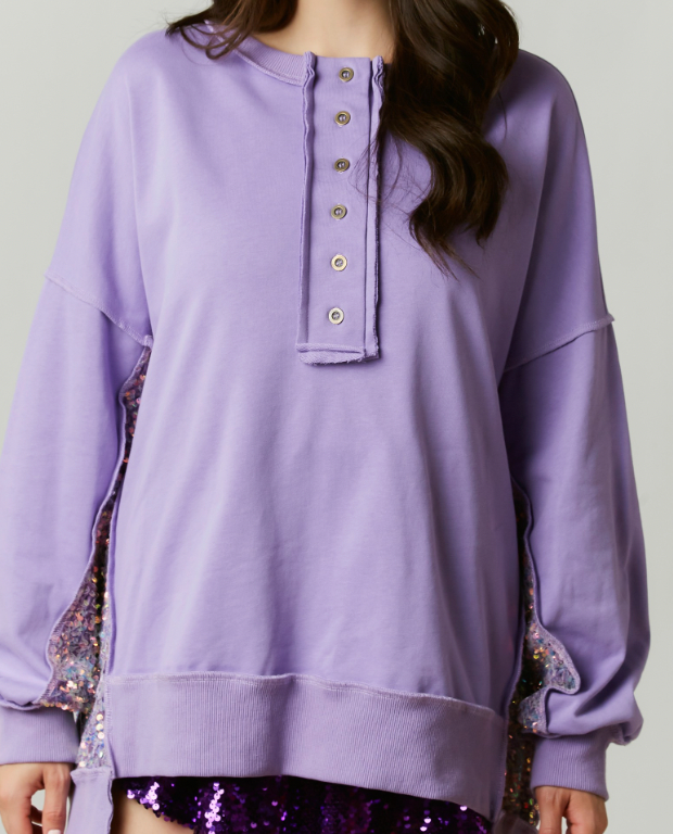 Lavender Sequin Colorblock Henley Sweatshirt