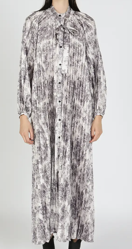Beulah Style Grey Pleated Floral Print Maxi Dress