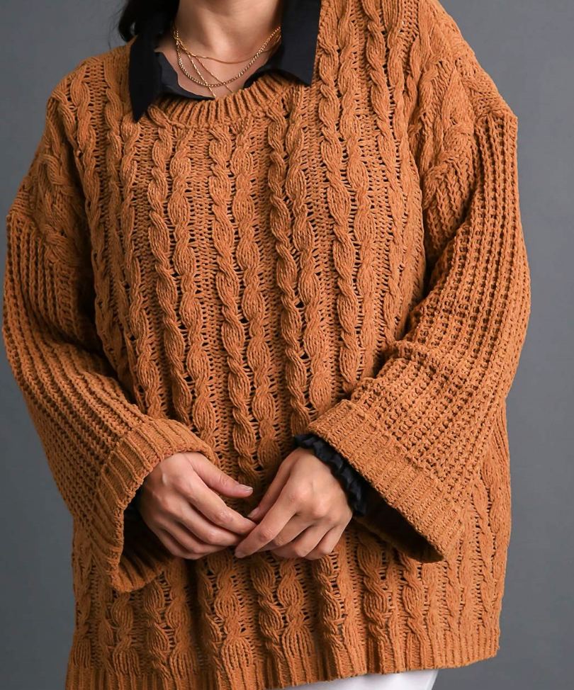 Camel Chenille Cable Knit Pullover