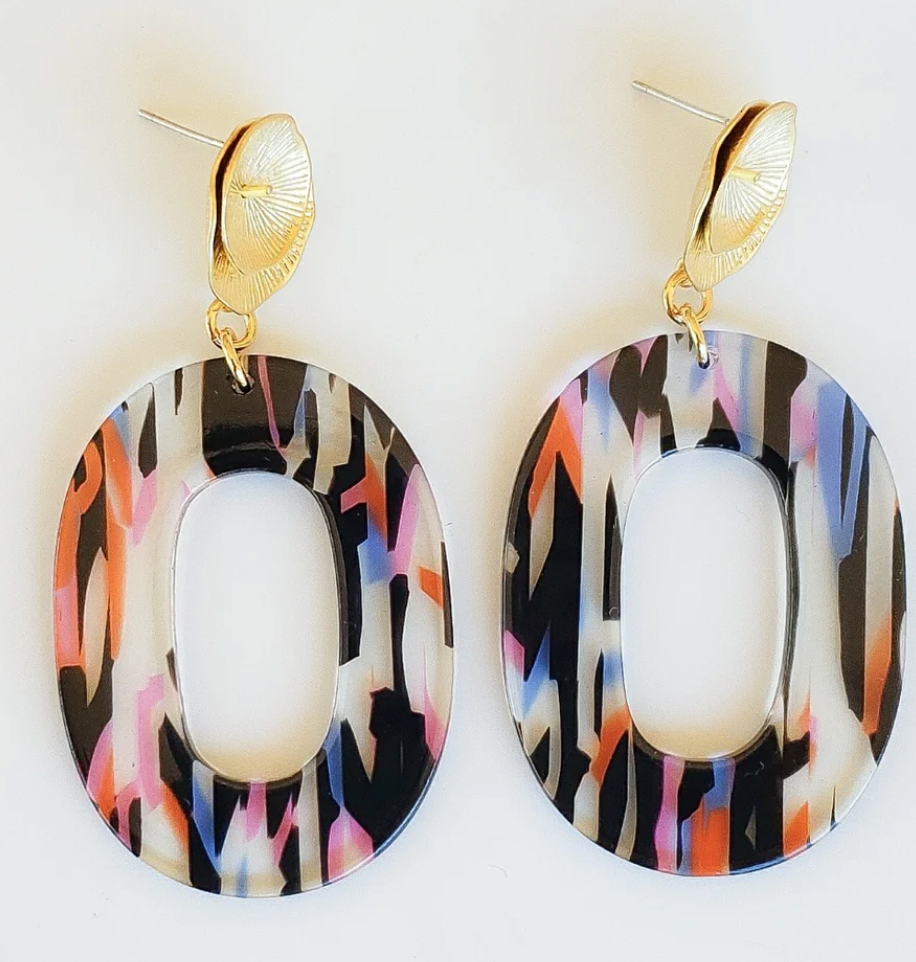 Virtue Jewelry Lily Post w/ Neon Zebra Acrylic Oval Earrings