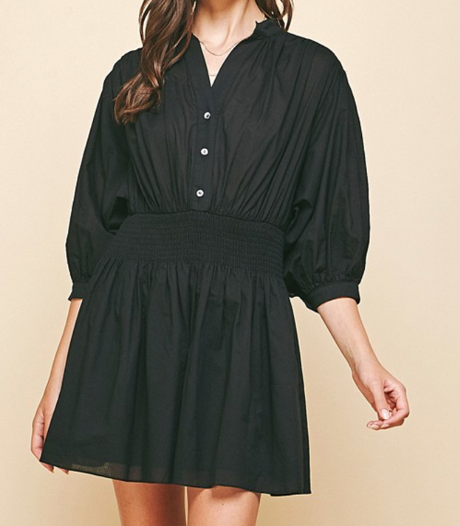 Black Button Detail Smocked Dress