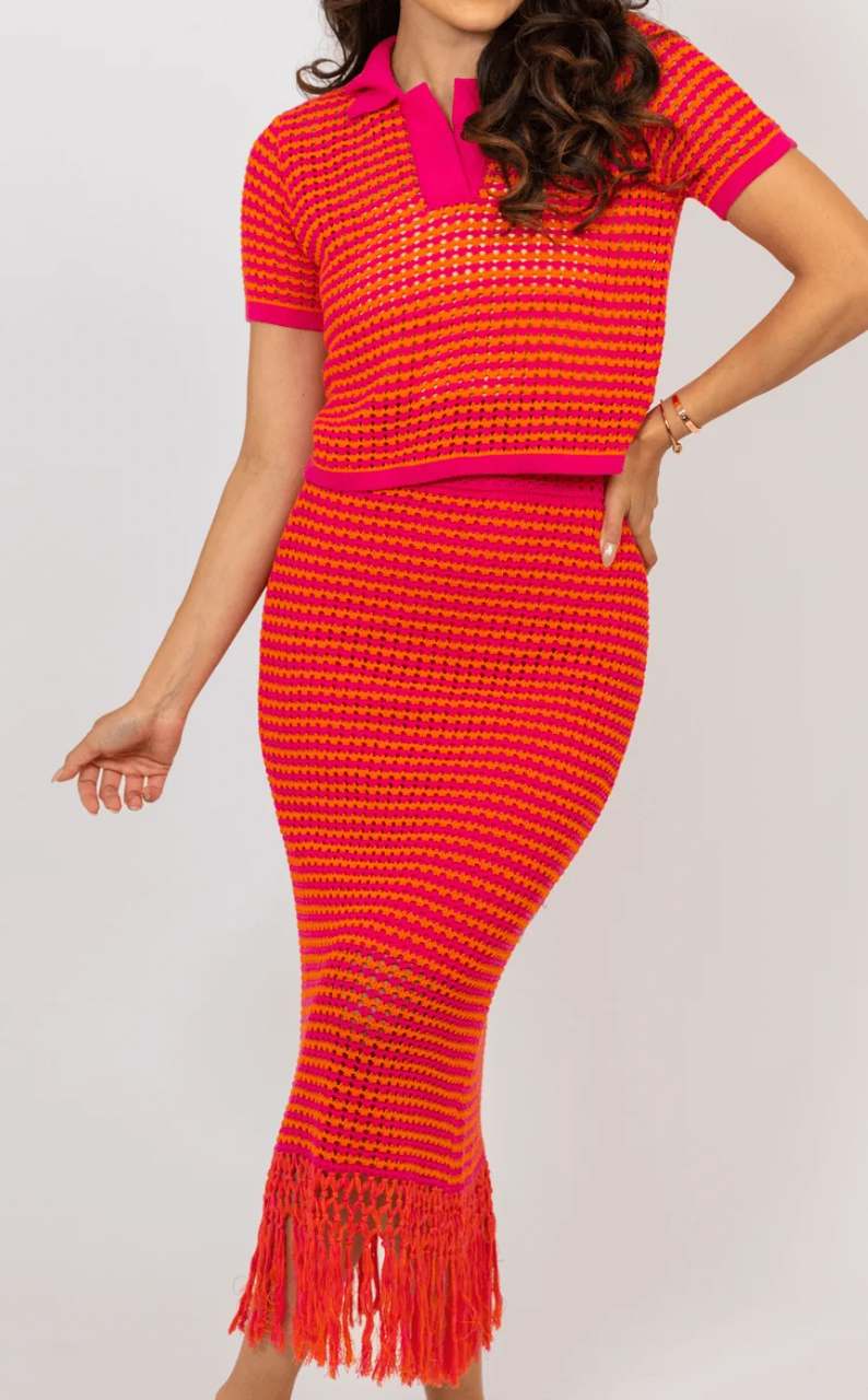 Karlie Colorblock Crochet V-Neck Top and Midi Skirt Set