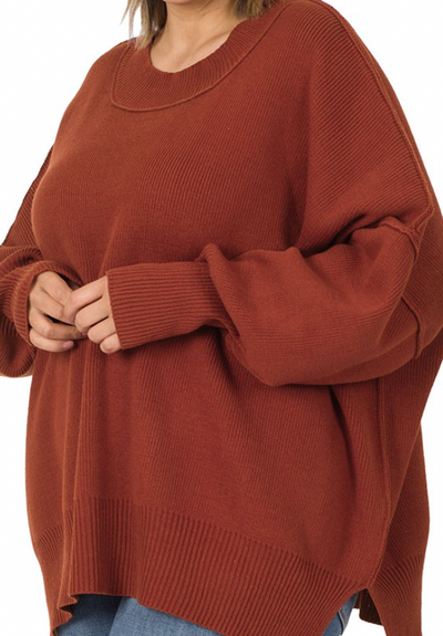 Oversized Rib Knit Mock Neck Side Slit Sweater