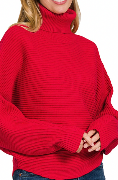 Ribbed Knit Oversized Dolman Sleeve Turtleneck Sweater