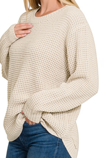 Round Neck Waffle Knit Sweater