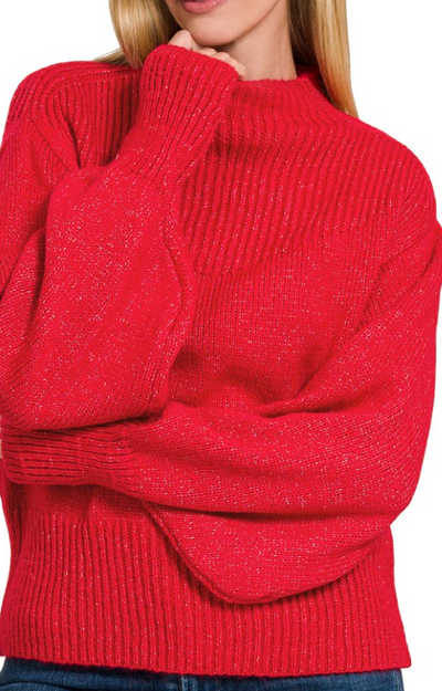 Contrast Knit Mock Neck Balloon Sleeve Sweater