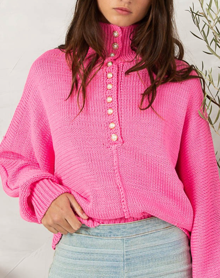 Bubblegum Pink Pearl Button Mock Neck Sweater