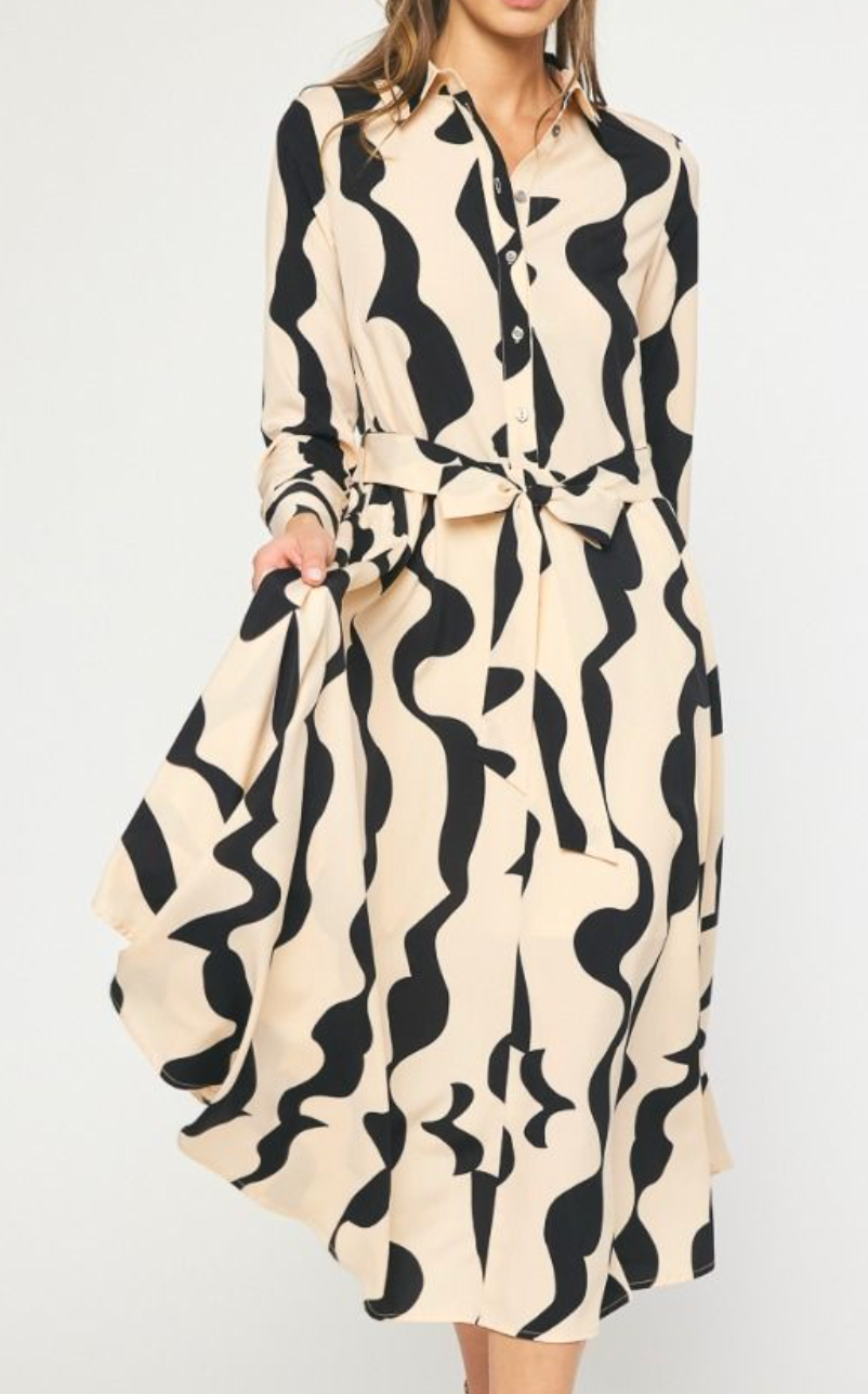 Natural and Black Abstract Button Down Tie Waist Midi Dress