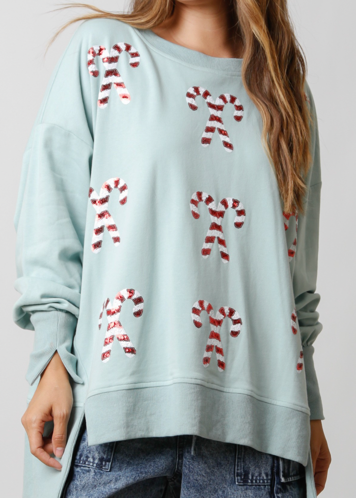 Dusty Sage Sequin Candy Cane Loose Sweatshirt