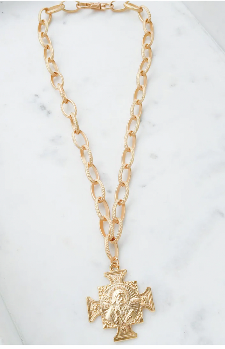 Virtue Jewelry Gold Etched Chain W/ Gold St Ben Necklace