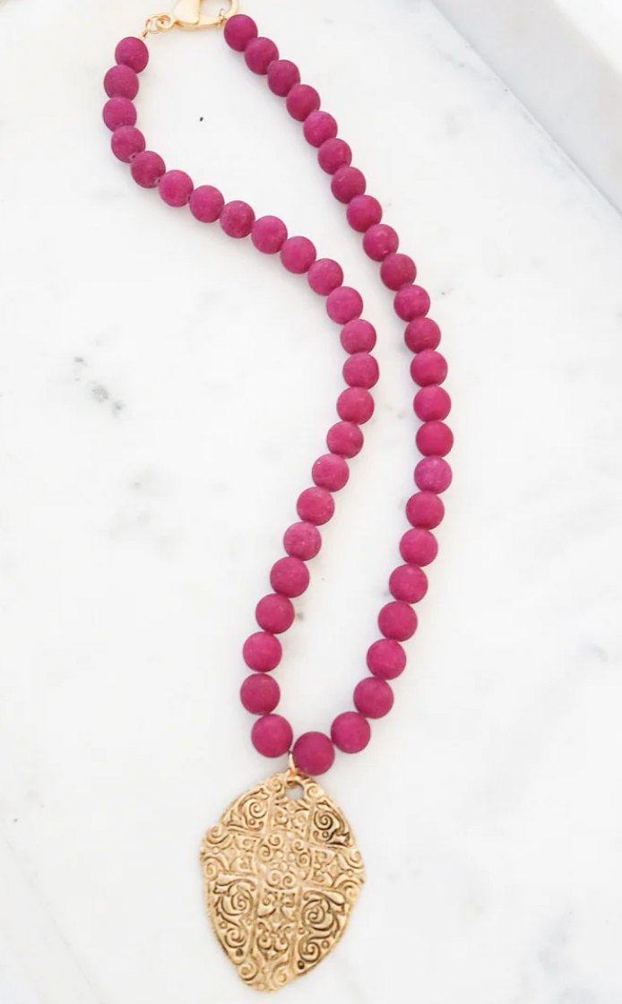 Virtue Jewelry Ancient Cross Disc Matte Cranberry Necklace