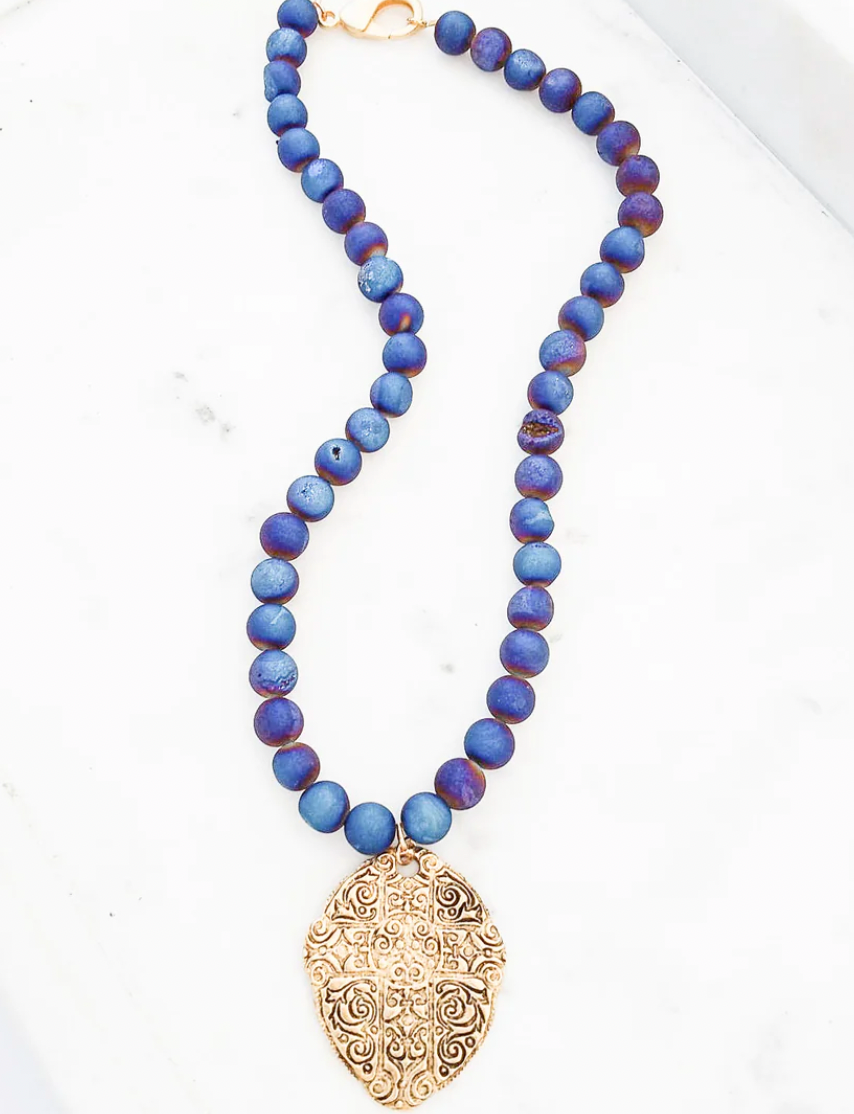 Virtue Jewelry Ancient Cross Disc Matte Blue Druzy Necklace