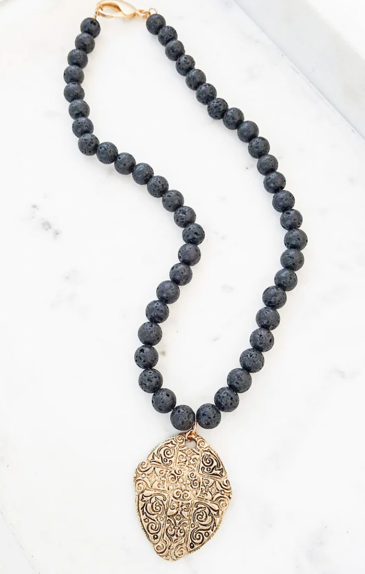 Virtue Jewelry Ancient Cross Disc Black Lava Necklace