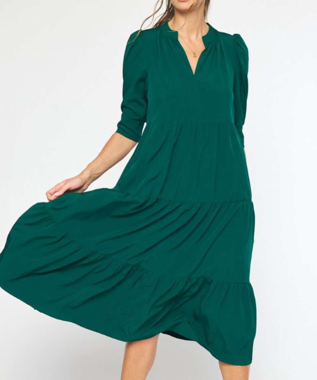 Hunter Green V-Neck 3/4 Sleeve Tiered Midi Dress