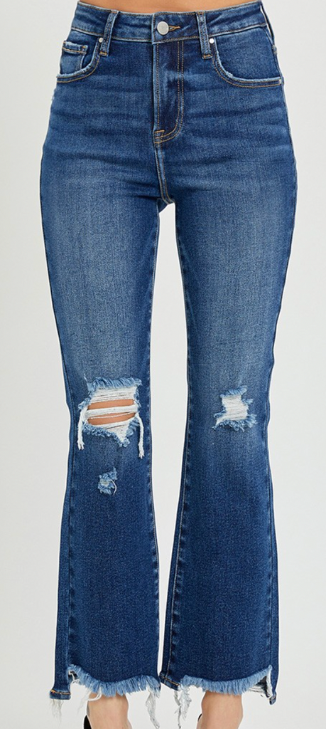 risen high rise cropped flare frayed jeans in medium wash RDP5168 – rivers  & roads boutique