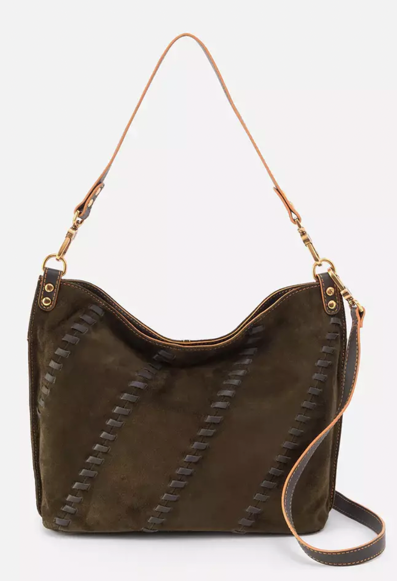 Hobo Pier Shoulder Bag in Suede with Whipstitch - Herb