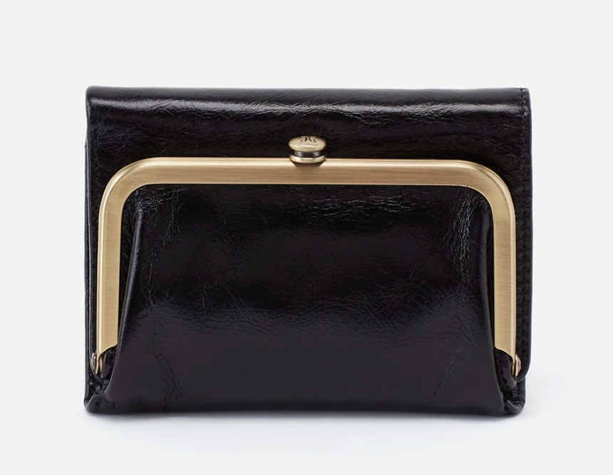 Hobo Robin Compact Wallet in Polished Leather - Black