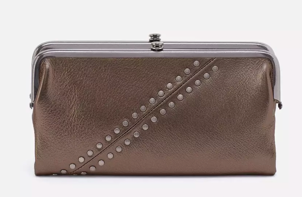 Hobo Lauren Clutch-Wallet in Pebbled Metallic Leather with Studs - Pewter