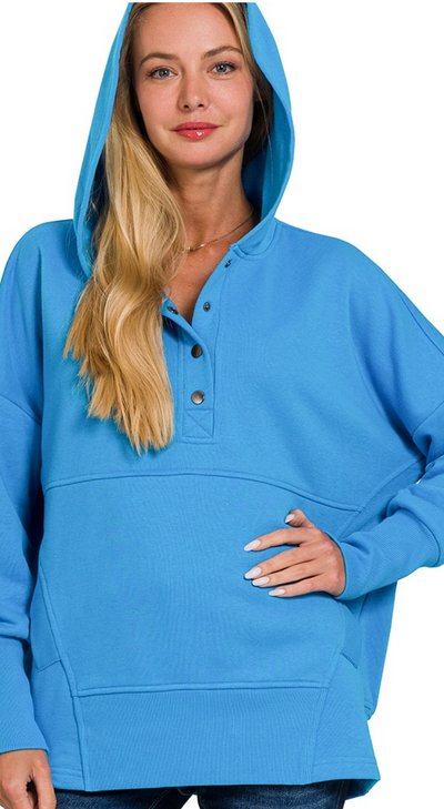 French Terry Half Button Hoodie Pullover