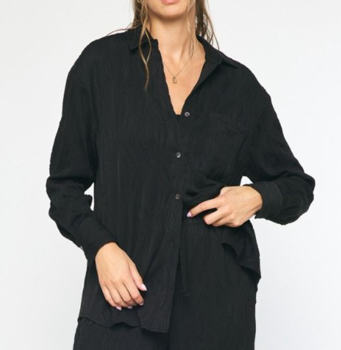 Black Textured Wavy Button Down Blouse