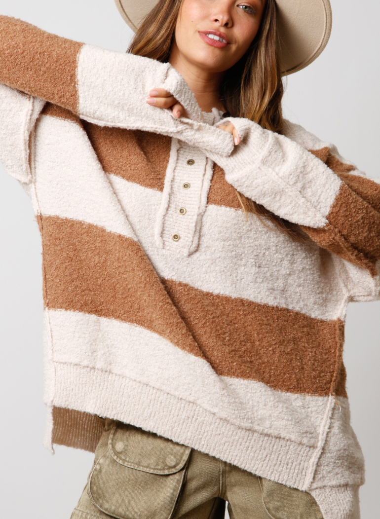 Cream and Brown Colorblock Henley Sweater