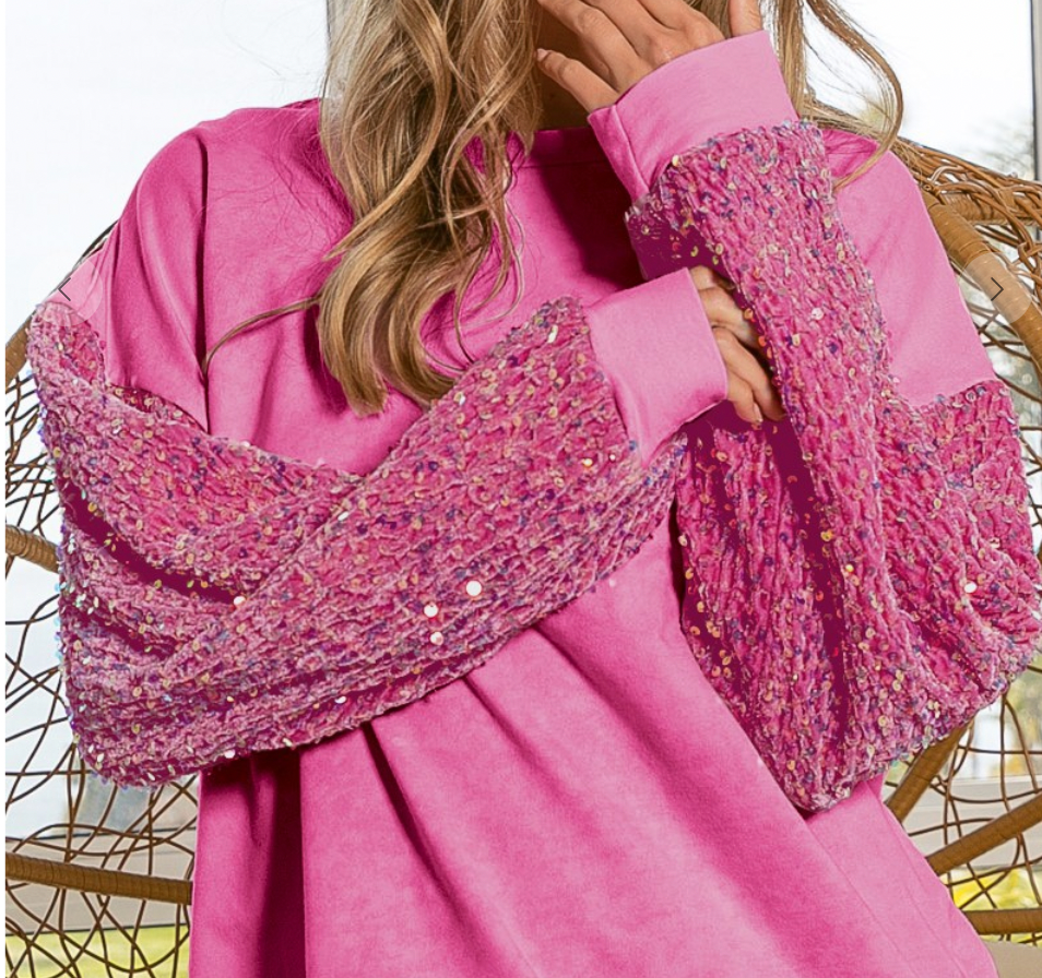Fuchsia Velvet Sequin Sleeve Mineral Washed Top