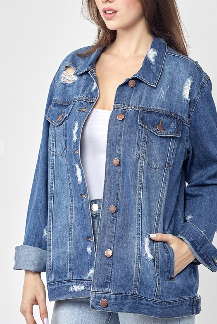 Medium Wash Loose Fit Distressed Denim Jacket