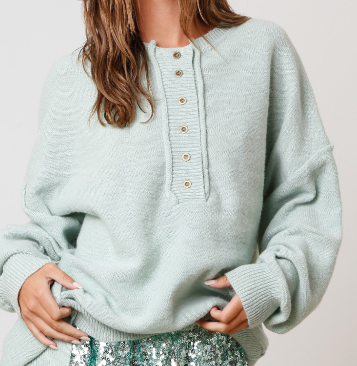 Light Sage Teddy Knit Slouchy Henley Pullover