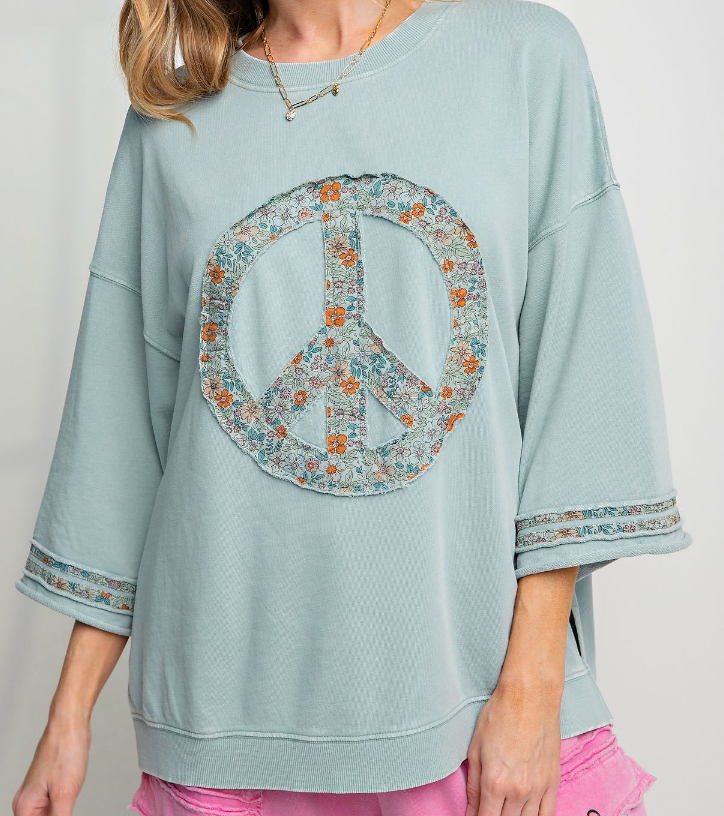 Faded Blue Mineral Washed Floral Peace Terry Top